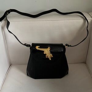 Vintage Black Crocodile-Embossed Bag with Gold Accent